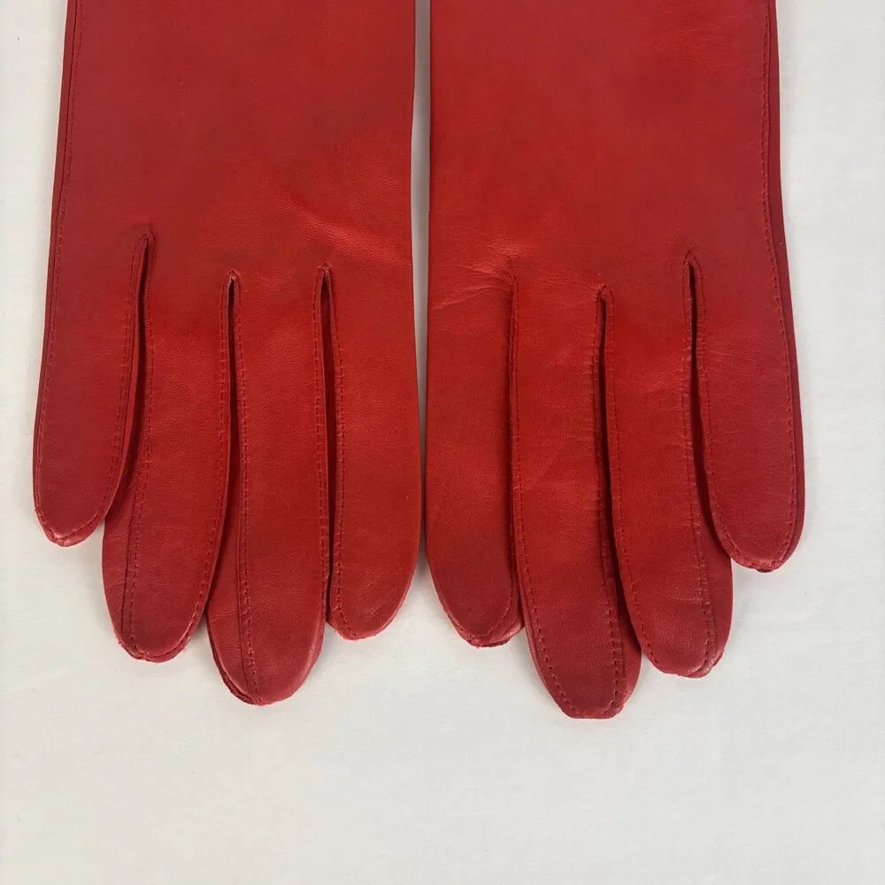 VTG Aris Women's Gloves Red Leather 100% Silk Lined Size 7 1/2 Wrist Length